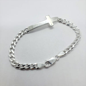 925 Sterling Silver Sideways Cross with Curb Link Chain Bracelet