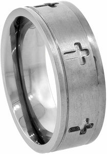 Titanium Wedding Band Ring with Cross Carving 8mm