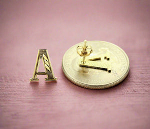 10K Solid Yellow Gold Initial Alphabet Letter Stud Earrings Diamond Cut