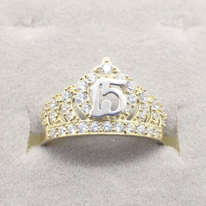 10K 14K Solid Yellow Gold Point Crown Sweet 15 Quinceañera Ring with CZ