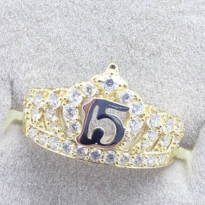 10K 14K Solid Yellow Gold Point Crown Sweet 15 Quinceañera Ring with CZ