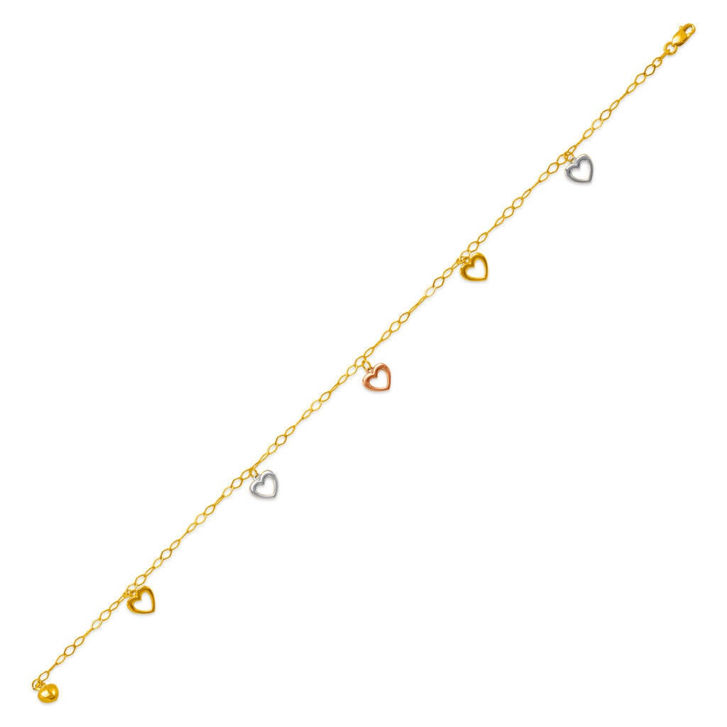 14K Tricolor Gold Heart Charm Anklet Bracelet Chain High Polished 10