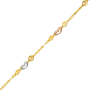 14K Tricolor Gold Heart Anklet Bracelet Chain High Polished 10"