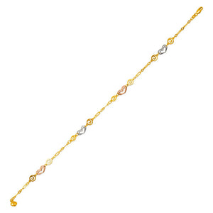 14K Tricolor Gold Heart Anklet Bracelet Chain High Polished 10"