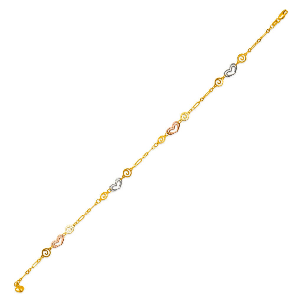 14K Tricolor Gold Heart Anklet Bracelet Chain High Polished 10