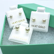 Load image into Gallery viewer, Faux White Pearl Stud Earrings with 14K Yellow Gold Push Back
