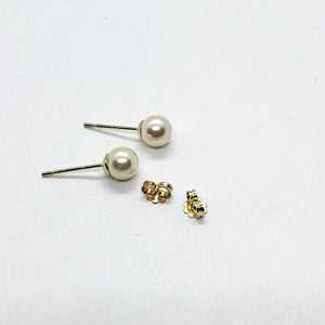 Faux White Pearl Stud Earrings with 14K Yellow Gold Push Back