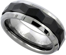 Load image into Gallery viewer, Tungsten Carbide Flat Prism Pattern Wedding Band Ring with Faceted Black Ceramic
