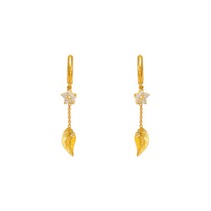 14K Yellow White Gold Fancy Leaf Dangling CZ Earrings