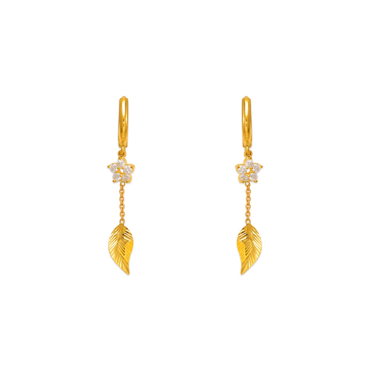 14K Yellow White Gold Fancy Leaf Dangling CZ Earrings