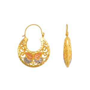 14K Tricolor Gold Fancy Butterfly Design Basket Earrings Diamond Cut