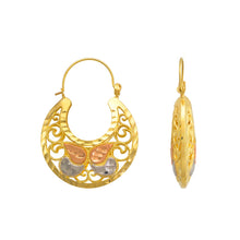 Load image into Gallery viewer, 14K Tricolor Gold Fancy Butterfly Design Basket Earrings Diamond Cut
