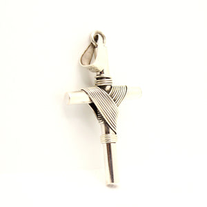 925 Sterling Silver Wire Wrapped Thick Cylindrical Cross Pendant 51mm