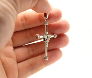 925 Sterling Silver Wire Wrapped Cylindrical Cross Pendant with Rope Edges