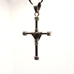 925 Sterling Silver Wire Wrapped Cylindrical Cross Pendant with Rope Edges