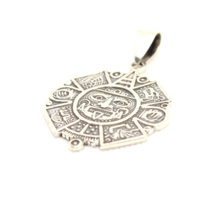 925 Sterling Silver Flat Detailed Aztec Calendar Mayan Sun Face 35.8mm Pendant