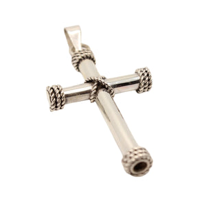 925 Sterling Silver Thick Cylindrical Cross with Rope Textured Edges Pendant