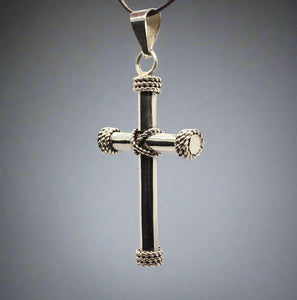 925 Sterling Silver Thick Cylindrical Cross with Rope Textured Edges Pendant