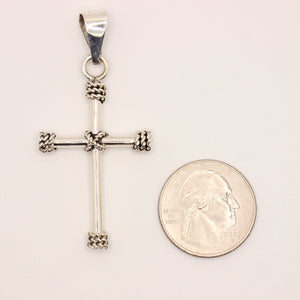 925 Sterling Silver Plain Cylindrical Cross Pendant with Rope Textured Edges