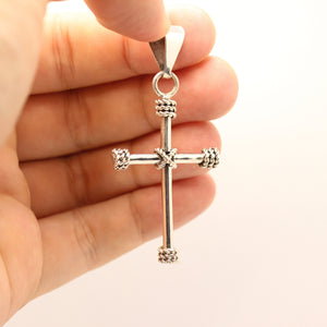 925 Sterling Silver Plain Cylindrical Cross Pendant with Rope Textured Edges