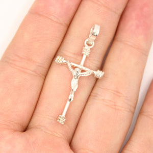 925 Sterling Silver Dainty Stick Crucifix Cross with Rope Textured Edges Pendant