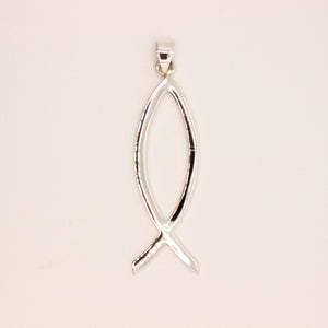 925 Sterling Silver Plain Flat Vertical "Ichthus" Christian Fish Symbol Pendant