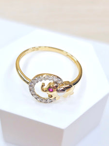 14K Solid Yellow Gold Elephant in Circle Ring with CZ