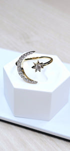 14K Solid Yellow Gold Crescent Moon with Star Ring with CZ