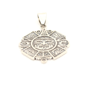 925 Sterling Silver Flat Detailed Aztec Calendar Mayan Sun Face 35.8mm Pendant