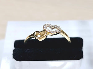 14K Solid Yellow Gold Double Hearts Ring with CZ