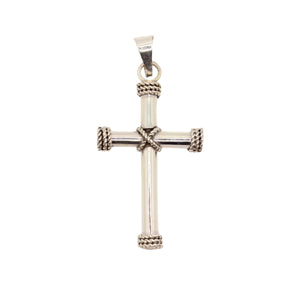 925 Sterling Silver Thick Cylindrical Cross with Rope Textured Edges Pendant