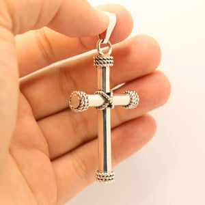 925 Sterling Silver Thick Cylindrical Cross with Rope Textured Edges Pendant