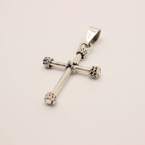 925 Sterling Silver Plain Cylindrical Cross Pendant with Rope Textured Edges