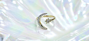 14K Solid Yellow Gold Crescent Moon with Star Ring with CZ