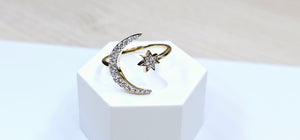 14K Solid Yellow Gold Crescent Moon with Star Ring with CZ