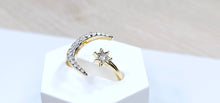 Load image into Gallery viewer, 14K Solid Yellow Gold Crescent Moon with Star Ring with CZ
