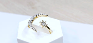 14K Solid Yellow Gold Crescent Moon with Star Ring with CZ