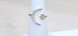 14K Solid Yellow Gold Crescent Moon with Star Ring with CZ