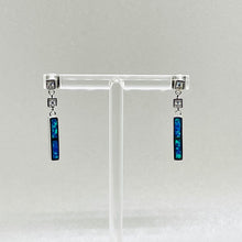 Load image into Gallery viewer, Sterling Silver Synthetic Opal Thin Rectangle Dangling Push Back Earrings
