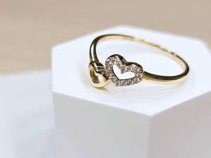 14K Solid Yellow Gold Double Hearts Ring with CZ