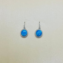 Load image into Gallery viewer, Sterling Silver Synthetic Opal Dangle Earrings Round Cabochon Engraved Bezel Set
