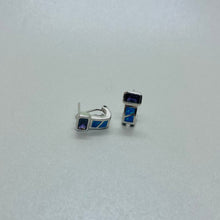 Load image into Gallery viewer, Sterling Silver Synthetic Blue Opal Earrings Emerald Cut Amethyst CZ
