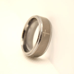 Tungsten Carbide Cross Satin Finish Recessed Edges Wedding Band Ring 8mm