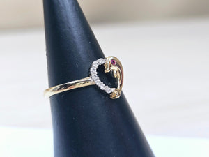 14K Solid Yellow Gold Dolphin Heart Ring with CZ