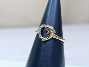 14K Solid Yellow Gold Dolphin Heart Ring with CZ