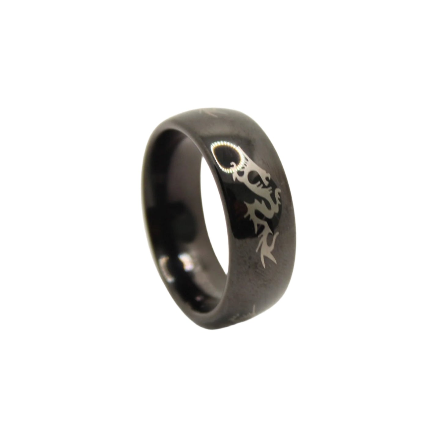 Tungsten Carbide Black Domed Chinese Dragon Silhouette Wedding Band Ring 8mm