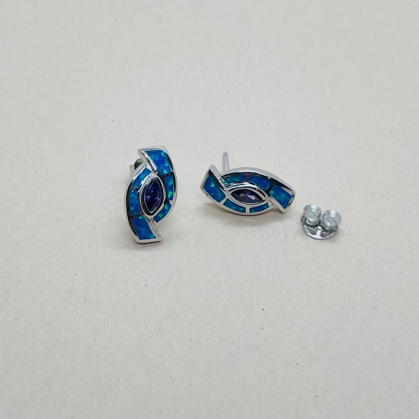 Sterling Silver Synthetic Blue Opal Earrings With Marquis Shape