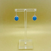 Load image into Gallery viewer, Sterling Silver Synthetic Opal Dangle Earrings Round Cabochon Engraved Bezel Set
