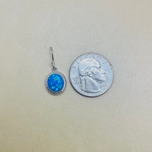 Load image into Gallery viewer, Sterling Silver Synthetic Opal Dangle Earrings Round Cabochon Engraved Bezel Set
