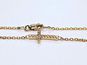 Handmade 14K Yellow Gold Side Cross with Diamonds Bracelet Anklet Chain